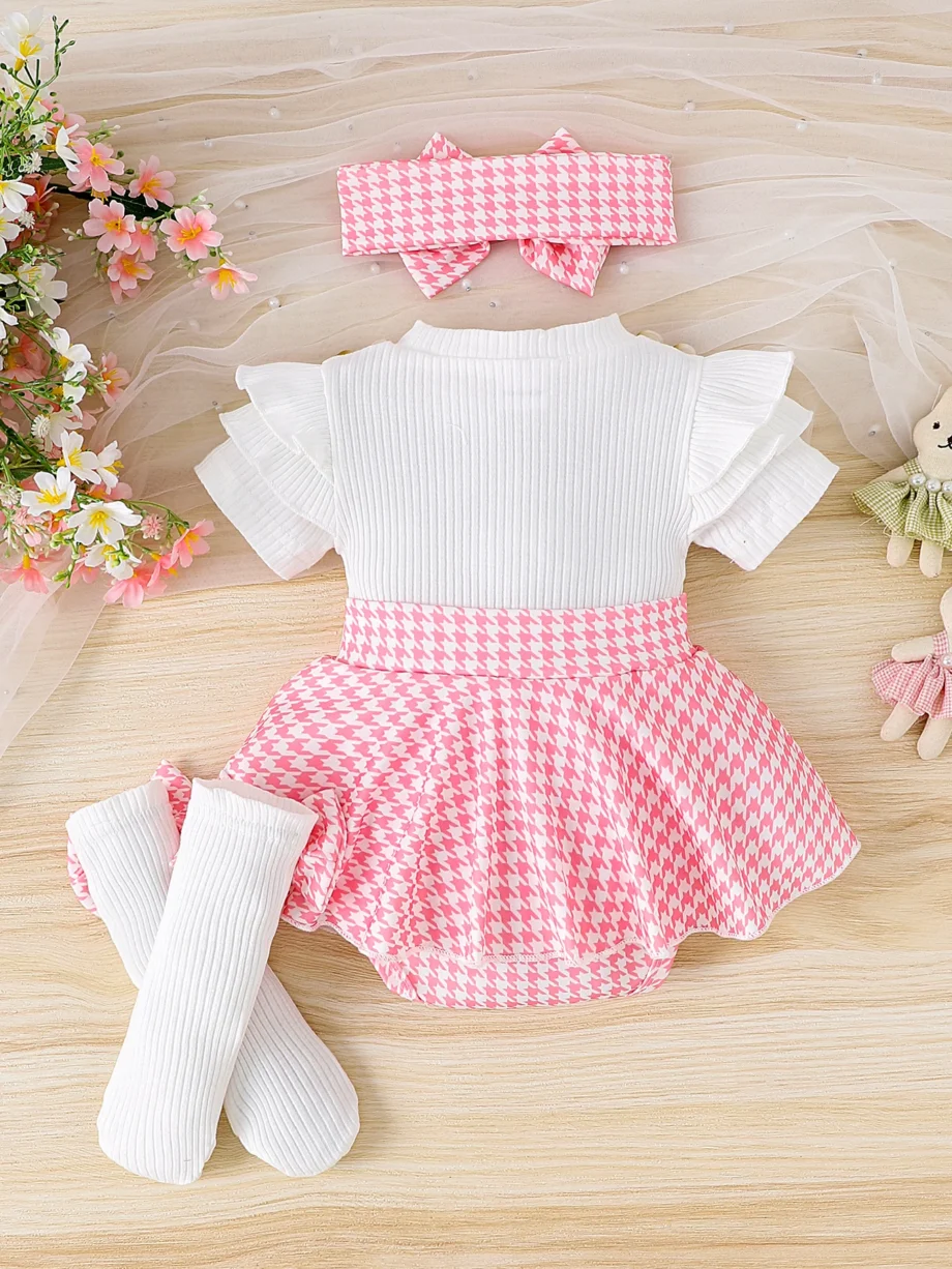 3PCS Summer new style girls 0-1 years old sweet and lovely short-sleeved houndstooth dress