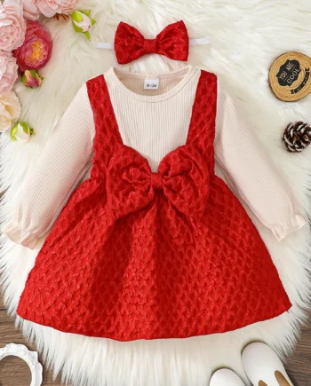 2Pcs Toddler Baby Girl Dress Bow Spring Autumn Princess Dress+Headband 0-3 Year old Cute Little girl Festival Party Dress