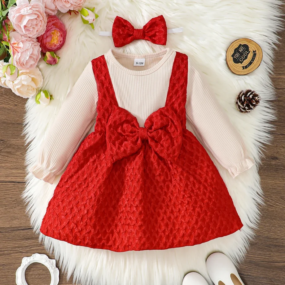2Pcs Toddler Baby Girl Dress Bow Spring Autumn Princess Dress+Headband 0-3 Year old Cute Little girl Festival Party Dress