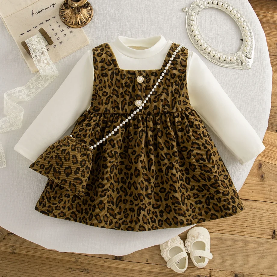 Leopard Print Knit Dress for Baby Girls Long Sleeve Korean Style 2025 New Autumn Toddler Gown send Bag