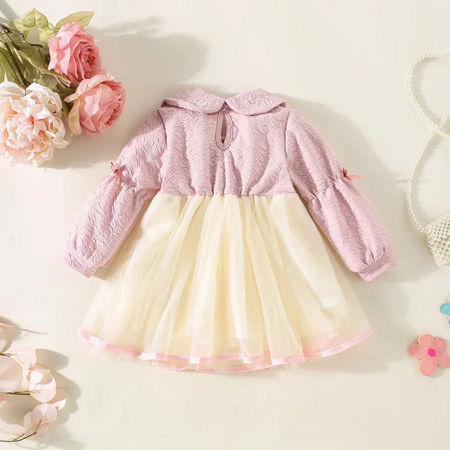 Baby Girl Dress Spring/Autumn Cotton Bow Collar Bubble Sleeves Mesh Girl Dress Cute And Casual Beach Princess Dress Baby Clothes