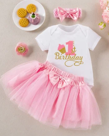 Baby Girl Cake Smash Outfit First Birthday Bodysuit Tutu with Headband Fluffy Toddler Girl Pink Tutu Princess Party Wear