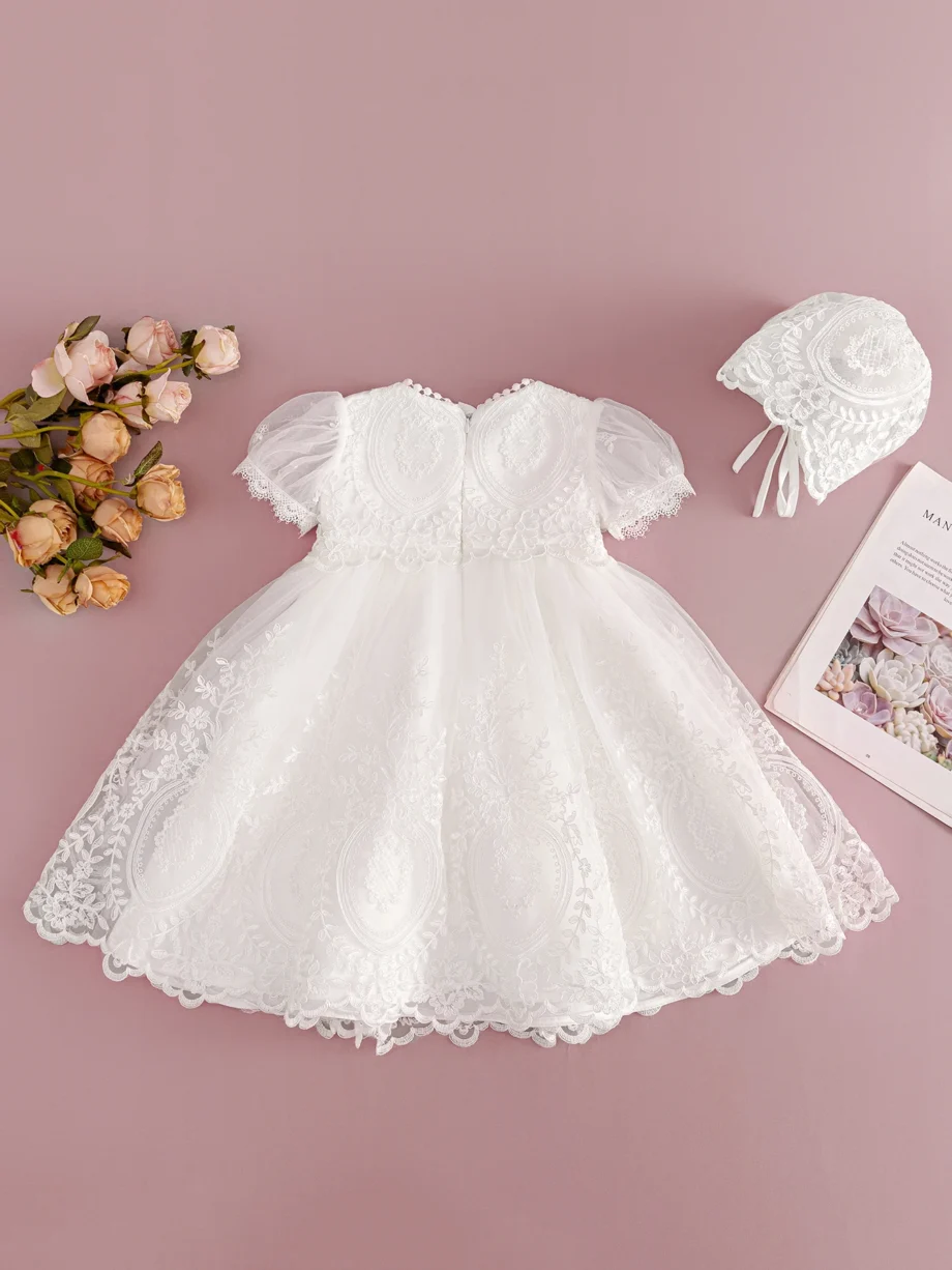 High Quality Short Sleeve Princess Evening Gowns Baby Girl Dress Birthday Wedding Party Dress with Hat