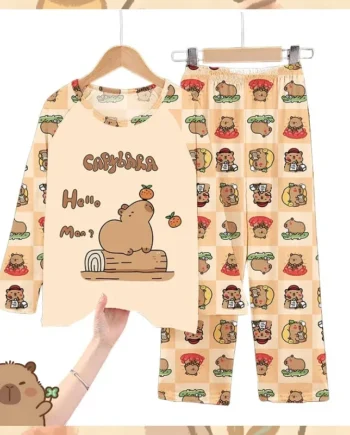 2Pcs Capibara Kids Pajama Sets Long Sleeve Loungewear with Animal Print Soft Sleepwear for Boys/Girls Cartoon Sleep Pants Outfit