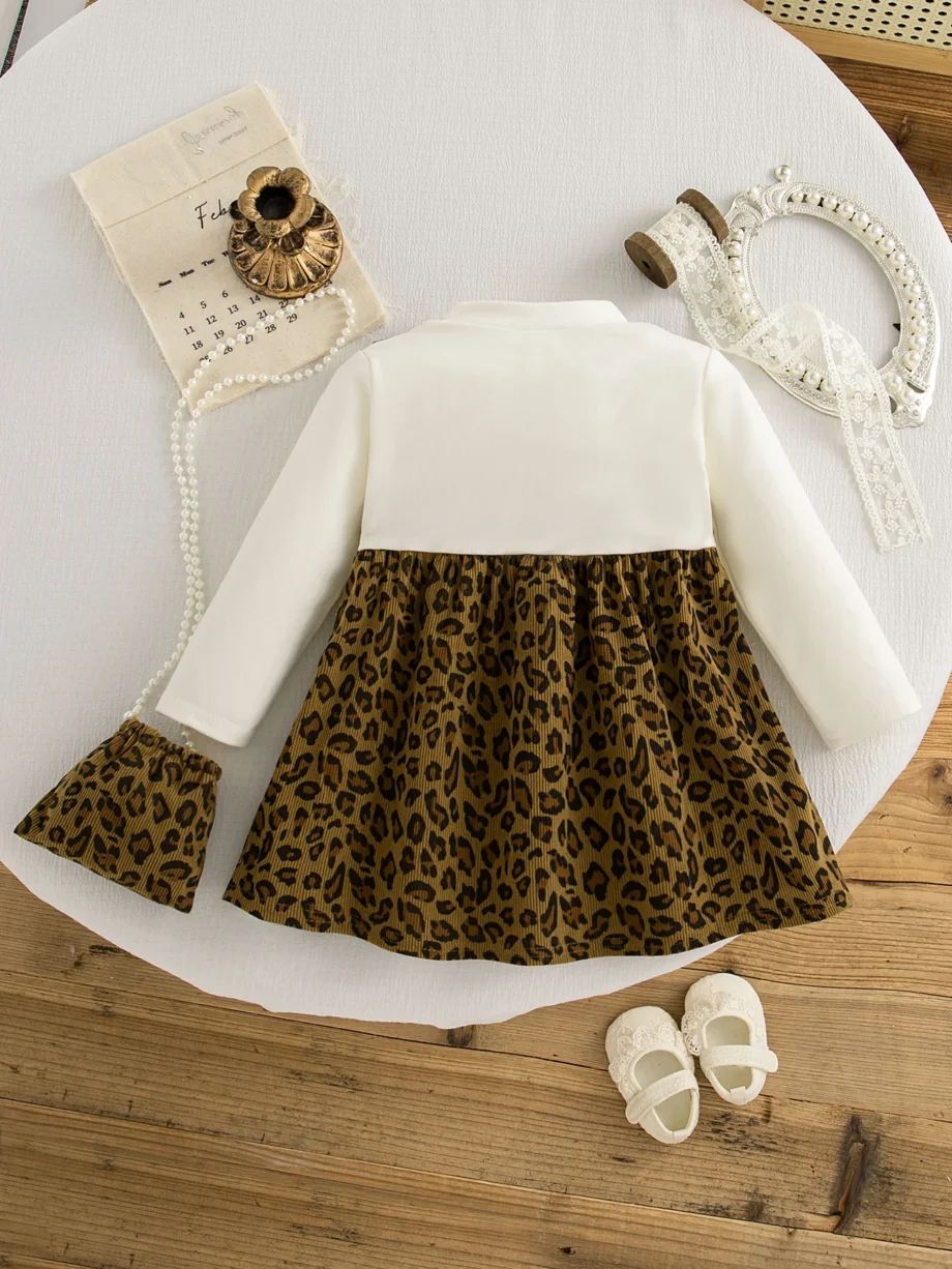 Leopard Print Knit Dress for Baby Girls Long Sleeve Korean Style 2025 New Autumn Toddler Gown send Bag