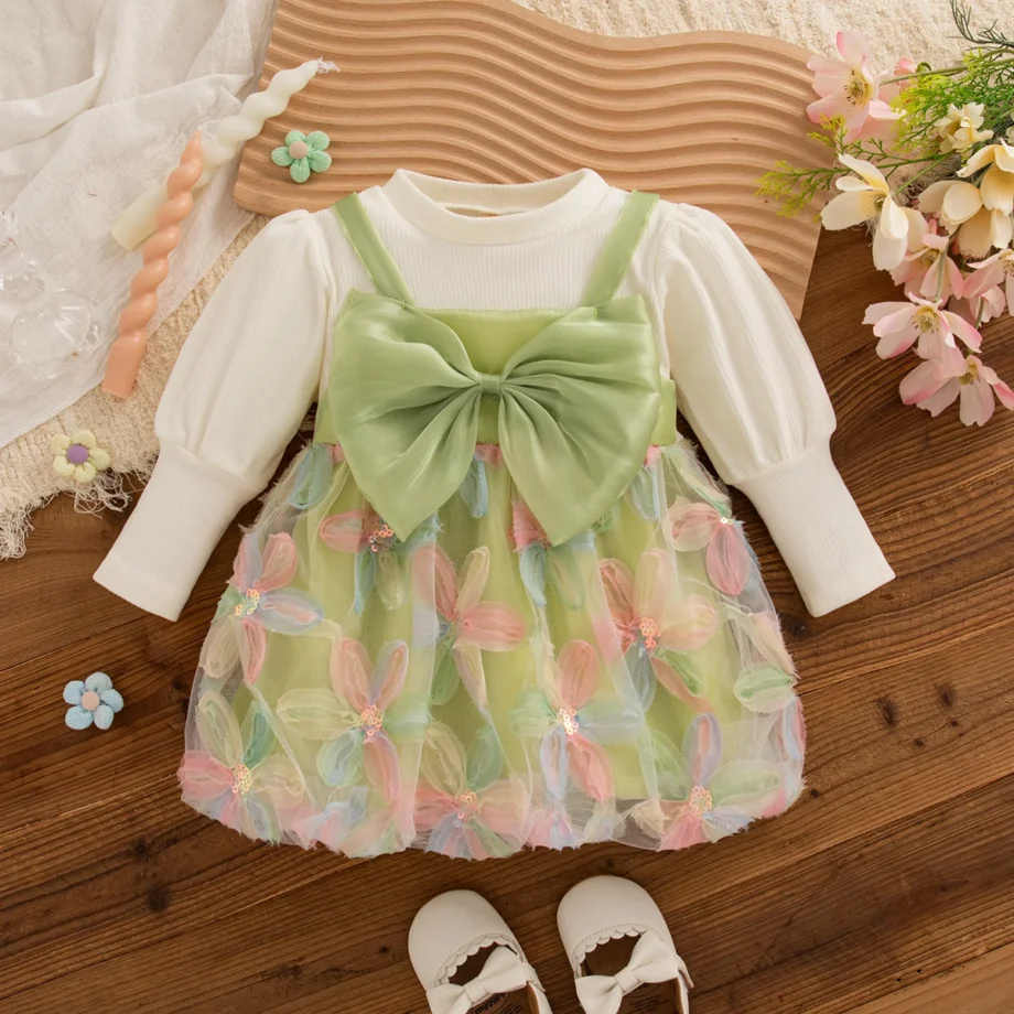 Baby Girl Dress Spring And Autumn Cotton Long Sleeved Bow Flower Mesh Baby Dresses Cute And Casual Girls' Clothing