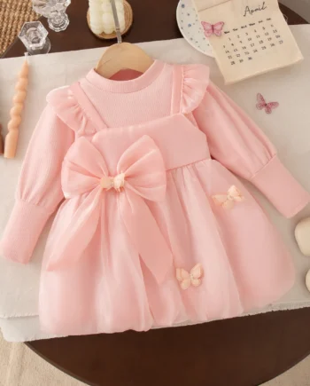 Baby Girl Dress Spring/Fall Bow-Tie Tulle Long-Sleeve Dress Adorable Princess Baby Dress