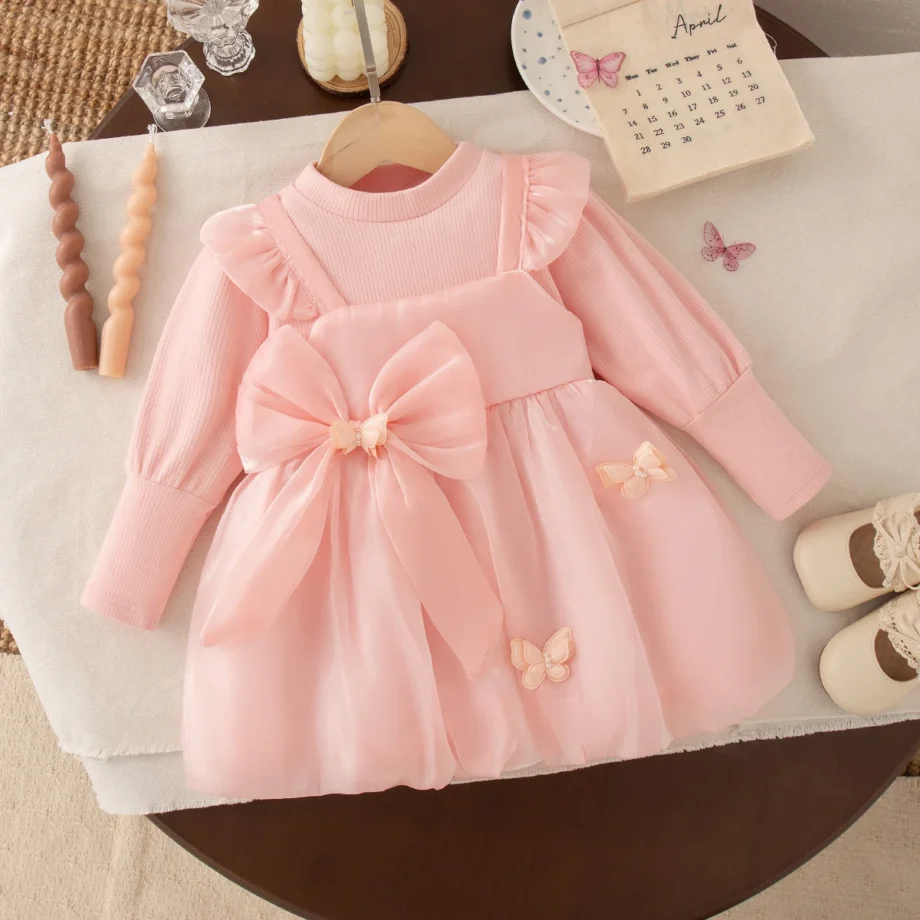 Baby Girl Dress Spring/Fall Bow-Tie Tulle Long-Sleeve Dress Adorable Princess Baby Dress