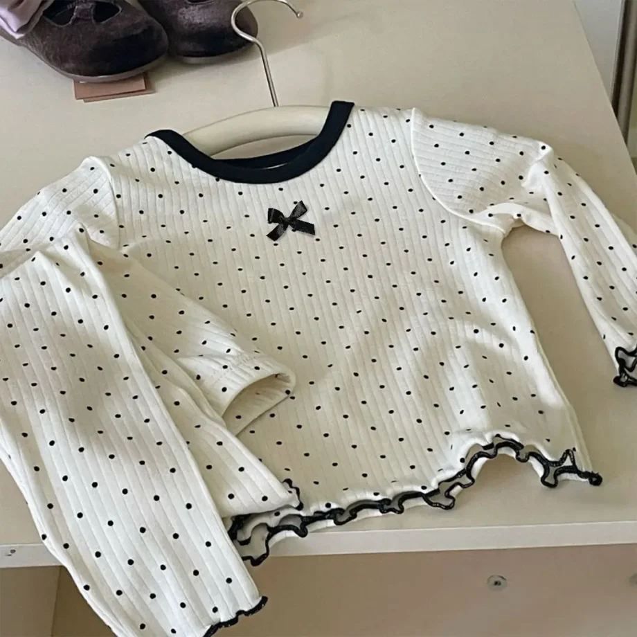 Korean Girls' Loungewear Set - Dot Bow Pajamas & Soft Cotton Homewear | Fall Toddler Outfit Toddler Girl Clothes