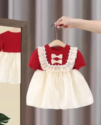 Baby Girl Dress Summer Cotton Bow-Tie Color-Block Bubble Sleeve Baby Dresses Cute Fluffy Princess Dress Girls' Clothing