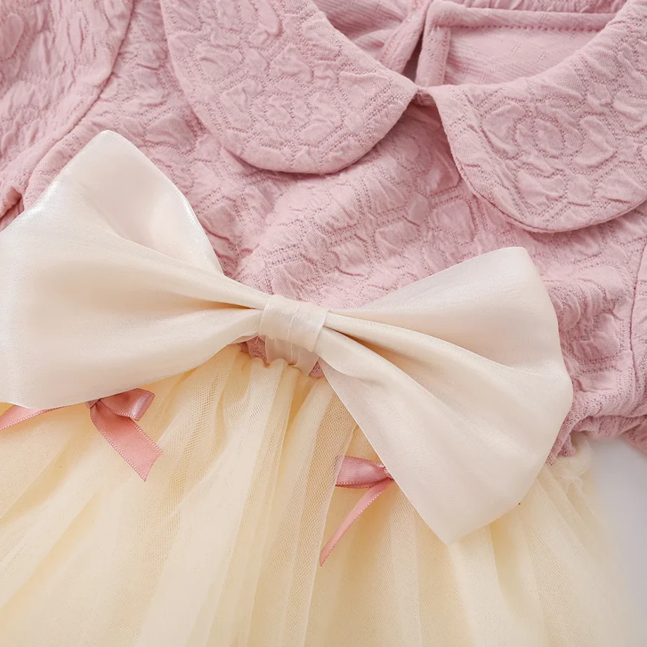 Baby Girl Dress Spring/Autumn Cotton Bow Collar Bubble Sleeves Mesh Girl Dress Cute And Casual Beach Princess Dress Baby Clothes