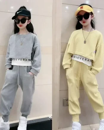 Girls Autumn Loungewear Suit Children's Casual Sweatshirt Pants Sets Two-Piece False 2 Pcs Top Leggings Tracksuits Kids Clothes