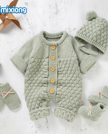 Baby Rompers Caps Clothes Sets Newborn Girl Boy Knitted Jumpsuits Outfits Autumn Winter Long Sleeve Toddler Infant Overalls 2pcs