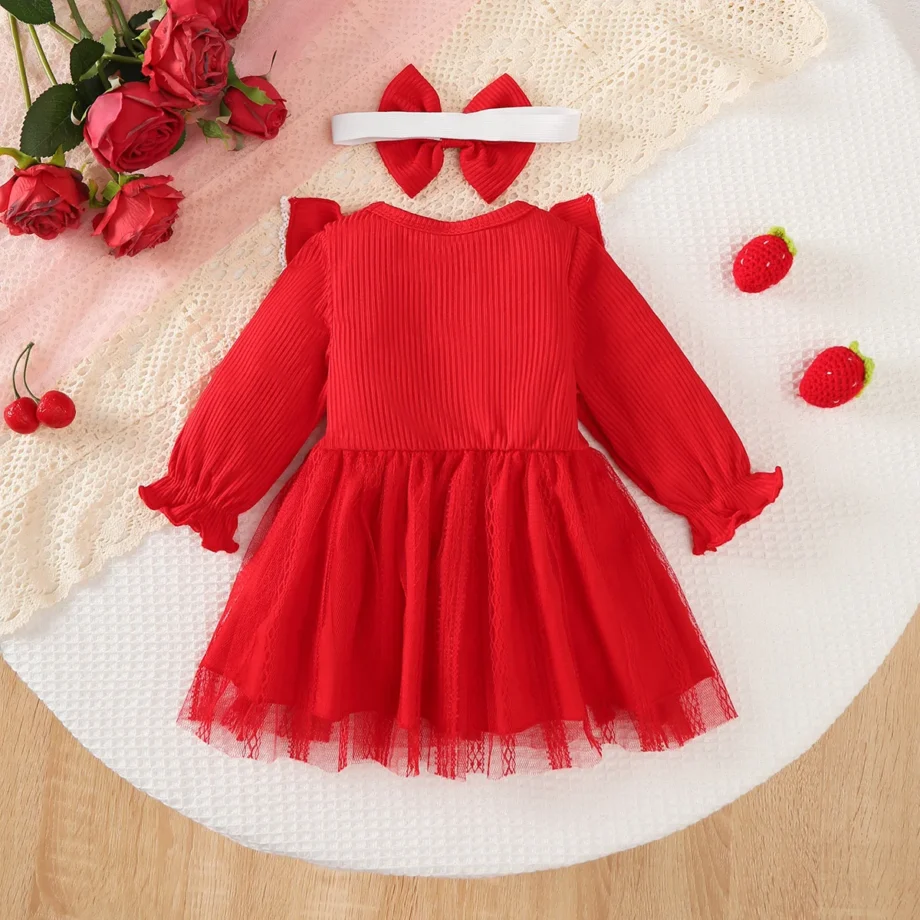 Baby Girl Festival Party Dress Red Ruffle Mesh Long Sleeve Dress+Bow suitable 0-24 Months Baby Girl New Year Dress