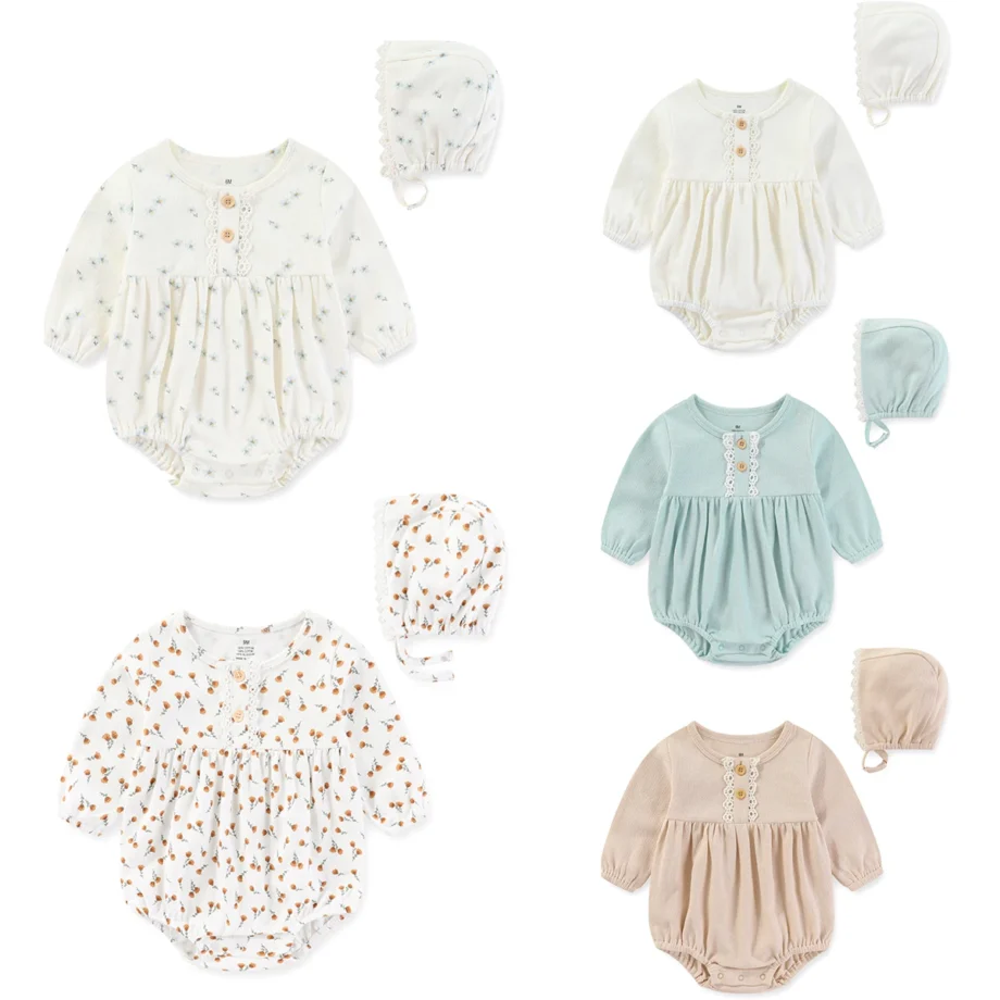 Fashion Cute Short/Long Baby Girls Bodysuit +Hats（Headband） 3-24Months Sweet Cute Newborn Girl clothing sets