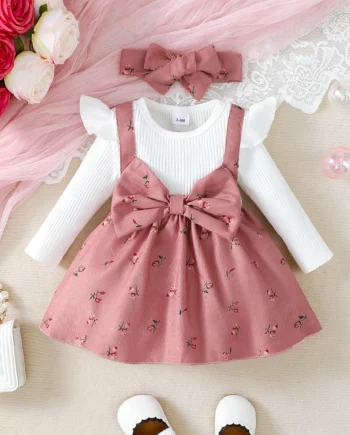 2pc/Set childrens' baby girl Dress Color blocking Broken flowers Big Bow Princess Dress+Headband 0-24 Months Baby Fashion Dress