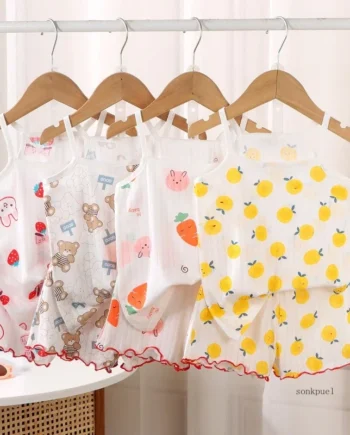 2024 New Kids Tops+shorts Set Summer Thin Baby Cotton Vest Sleeveless Loungewear Set for Girls Suit