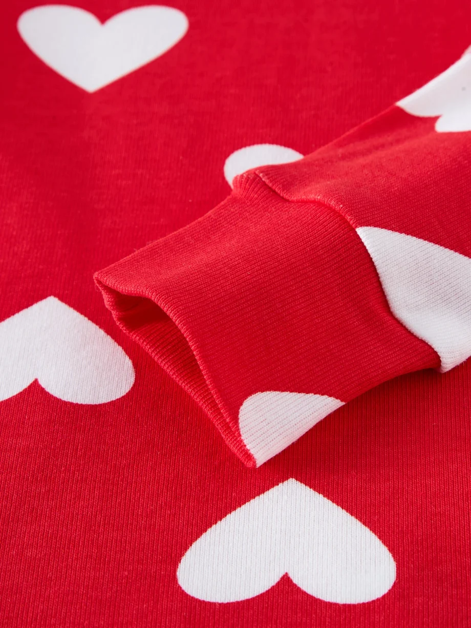 2-8 Years Girls' Nightwear - Red Cotton Pajama Set with Heart Design Cozy Stretchy Loungewear Long Sleeve PJS Kids Home Clothes