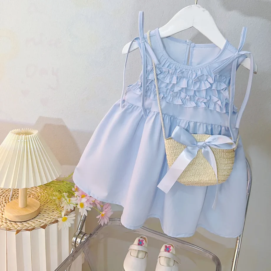 Baby Girl Dress Summer Blue Sleeveless Girl Beach Dress Cute Girl Birthday Party Dress with Bag