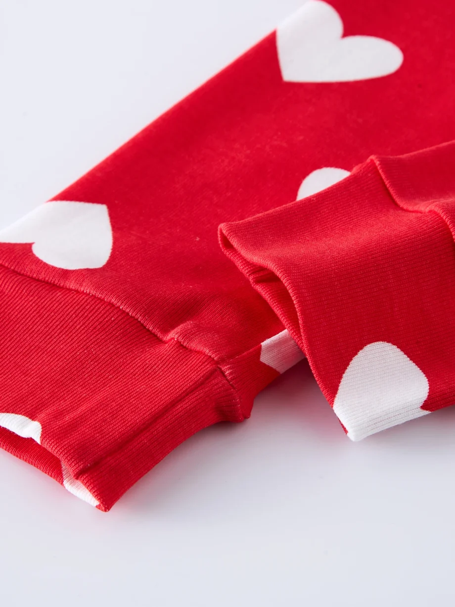 2-8 Years Girls' Nightwear - Red Cotton Pajama Set with Heart Design Cozy Stretchy Loungewear Long Sleeve PJS Kids Home Clothes
