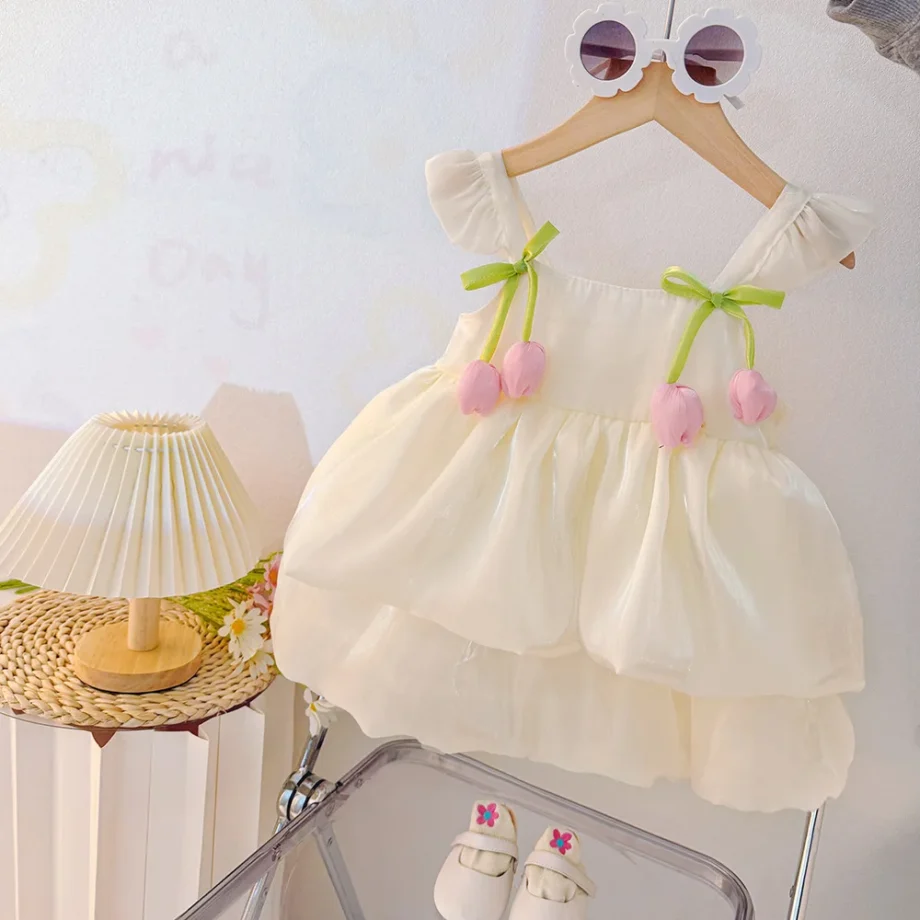 Summer Baby Girl Clothing Sweet Flower Pink Cake Dress Birthday Party Dress for Girls 0-2 Years