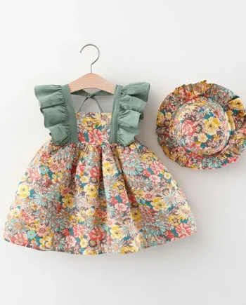 2 Pcs Baby Girl Summer New Dress Sweet Fragmented Flower Flying Sleeves Princess Dress Comes with Hat Suitable for Aged 80-110