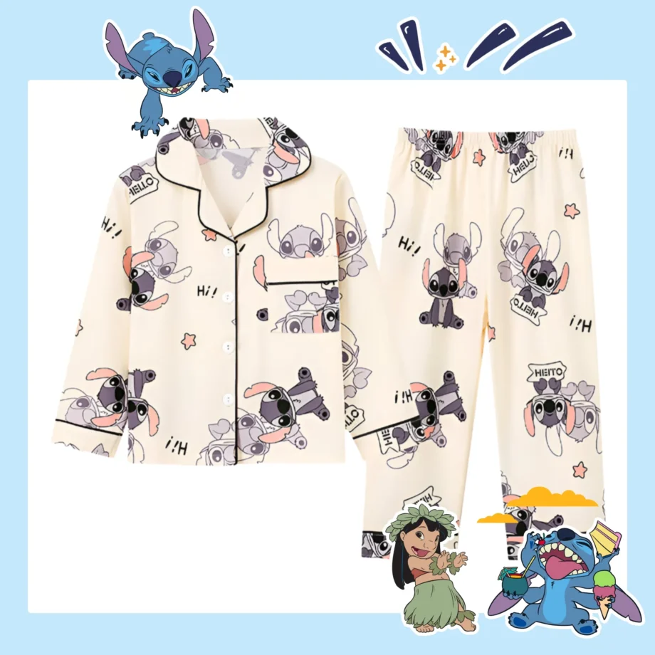 2pcs Stitch Print Autumn and Winter Kids Pajama Set for Boys and Girls, Long Sleeve Top & Pants Set, Stitch Home Wear Set
