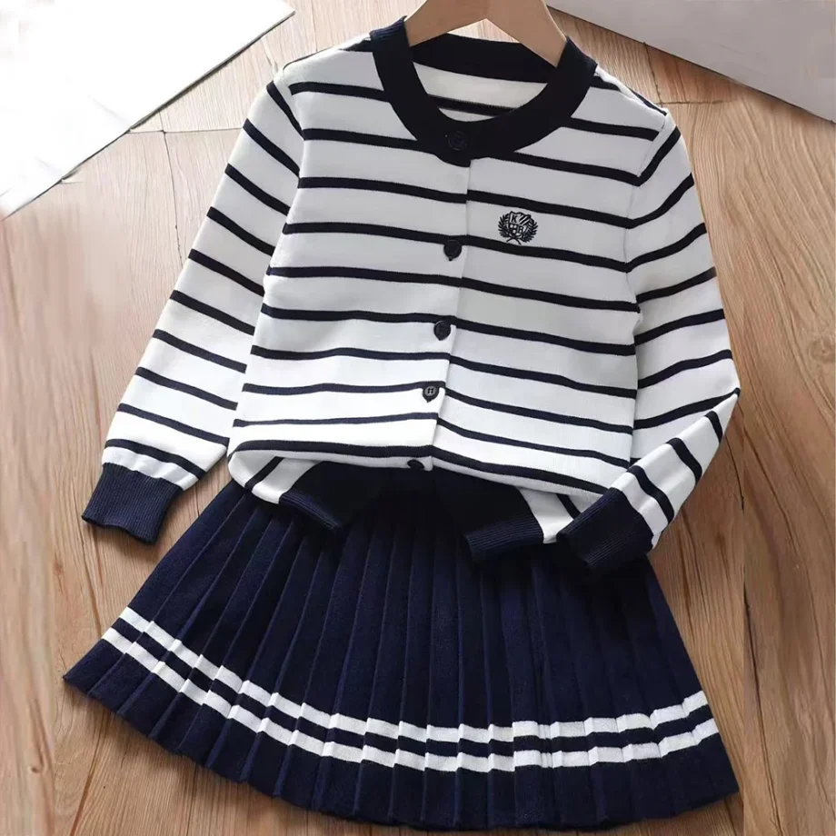 Kids Clothing Set Striped Knit Cardigan Pleated Skirt Cute Girls Outfit for Ages 5-12 Autumn Winter Children's Sweater Set