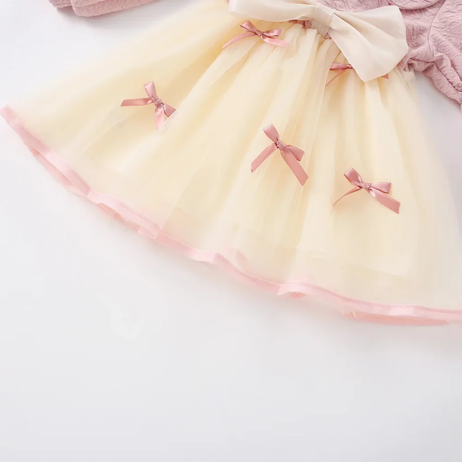 Baby Girl Dress Spring/Autumn Cotton Bow Collar Bubble Sleeves Mesh Girl Dress Cute And Casual Beach Princess Dress Baby Clothes