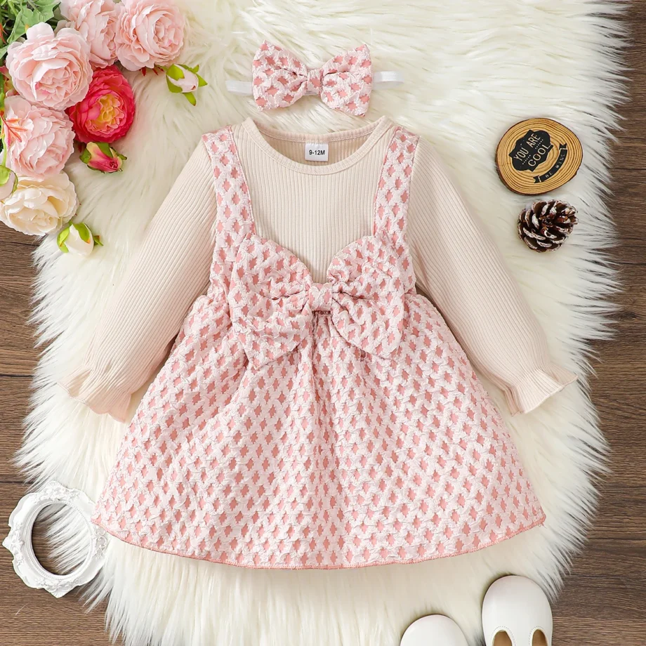 2Pcs Toddler Baby Girl Dress Bow Spring Autumn Princess Dress+Headband 0-3 Year old Cute Little girl Festival Party Dress