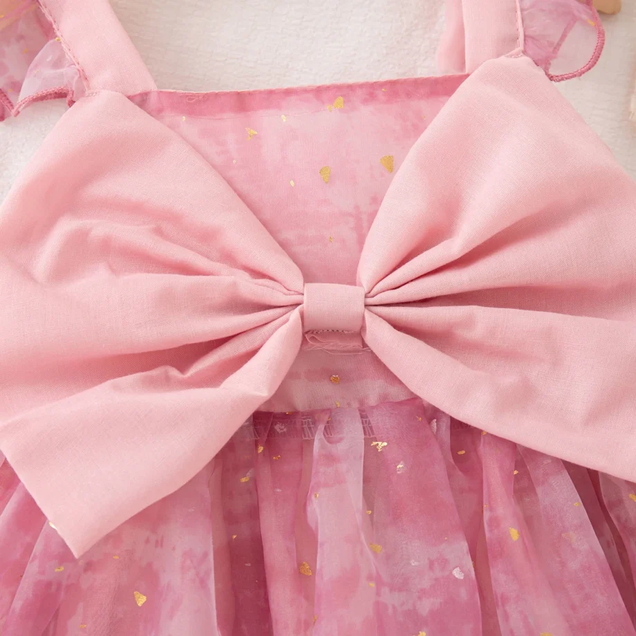 Summer Toddler Girl Princess Dress Pink Bow Sequin Suspender Gauze Dress Elegant Girl Wedding Party Costume
