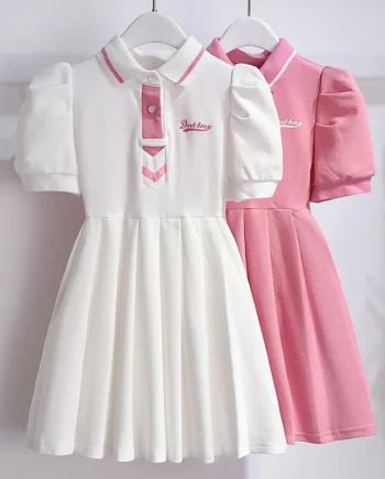 1pcs Summer Children's Dress Girl's Korean Edition Bubble Sleeves Flip Collar Dress Kids Princess Dress Baby Sweet Pleated Skirt