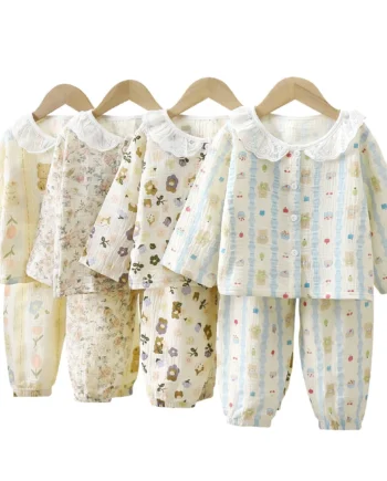 Girls Summer Cotton Gauze Thin Pajamas Home Wear Cartoon Floral Print Long Sleeve Lace Trimmed Sleepwear Baby Clothing Set