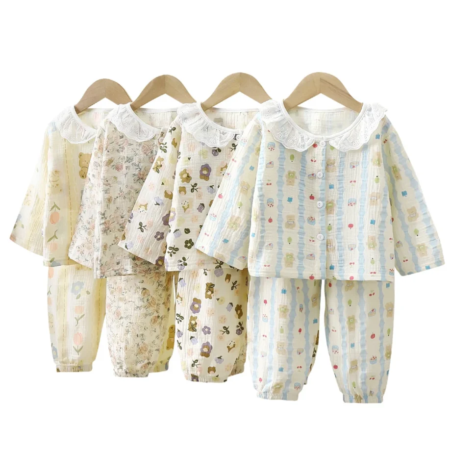 Girls Summer Cotton Gauze Thin Pajamas Home Wear Cartoon Floral Print Long Sleeve Lace Trimmed Sleepwear Baby Clothing Set