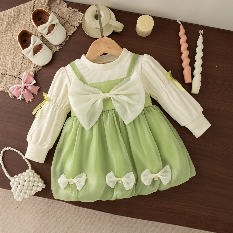 0-2 Years Baby Girl Pink Dress Autumn New Bow Knit Long Sleeve Girl Princess Dress Girl Wedding Party Dress