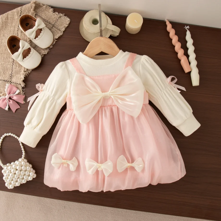 0-2 Years Baby Girl Pink Dress Autumn New Bow Knit Long Sleeve Girl Princess Dress Girl Wedding Party Dress