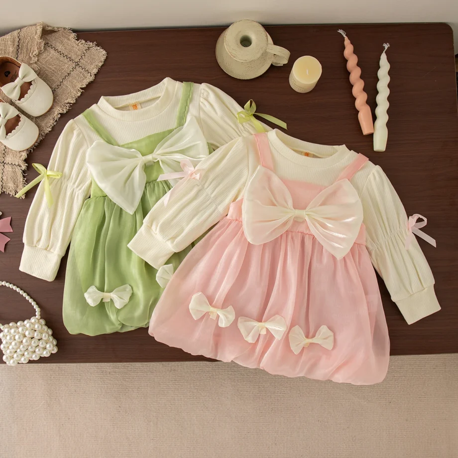 0-2 Years Baby Girl Pink Dress Autumn New Bow Knit Long Sleeve Girl Princess Dress Girl Wedding Party Dress