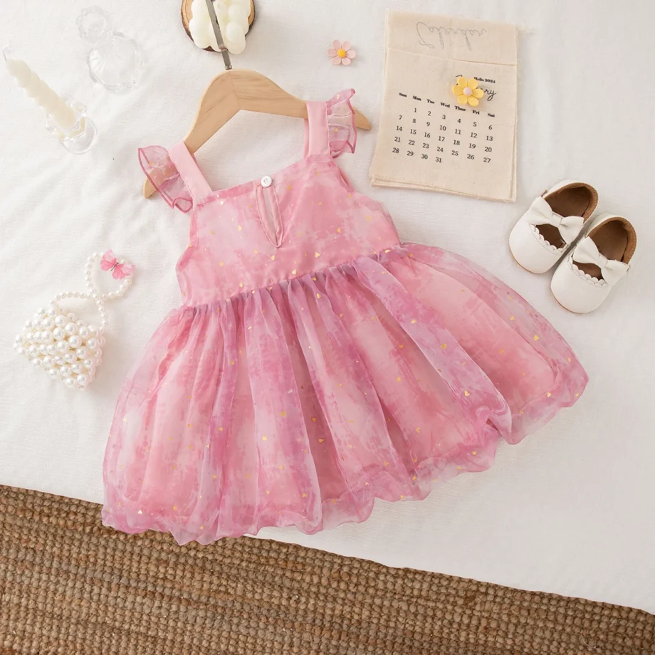 Summer Toddler Girl Princess Dress Pink Bow Sequin Suspender Gauze Dress Elegant Girl Wedding Party Costume