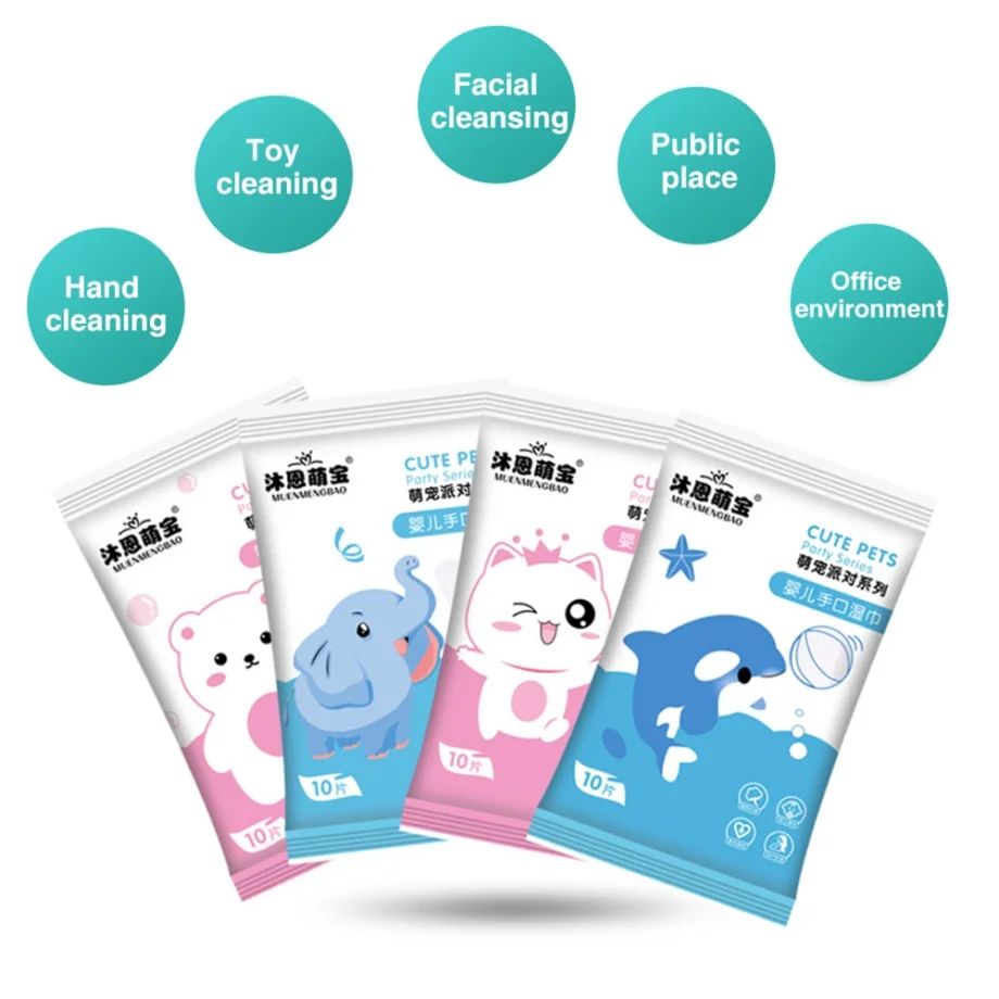 10pcs Baby Cartoon Wipes Comfortable Portable 10 Pieces Disposable Small Bag Wet Wipes Maternal And Child Shop Supermarket Gifts