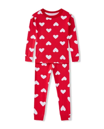 2-8 Years Girls' Nightwear - Red Cotton Pajama Set with Heart Design Cozy Stretchy Loungewear Long Sleeve PJS Kids Home Clothes