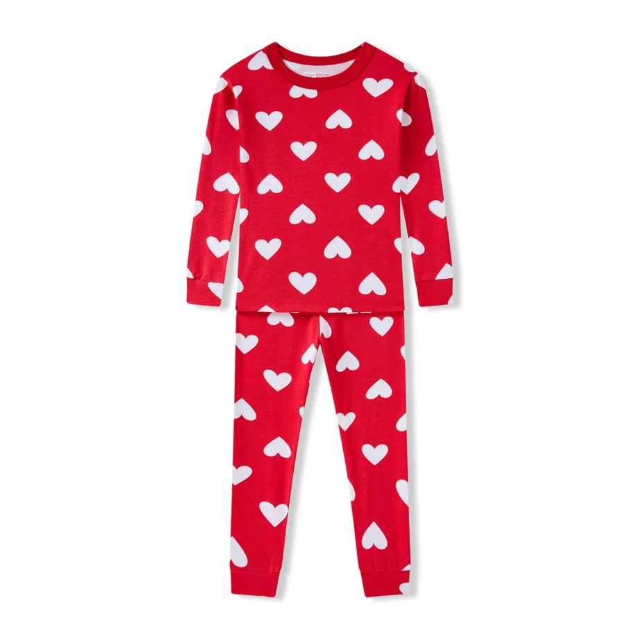 2-8 Years Girls' Nightwear - Red Cotton Pajama Set with Heart Design Cozy Stretchy Loungewear Long Sleeve PJS Kids Home Clothes