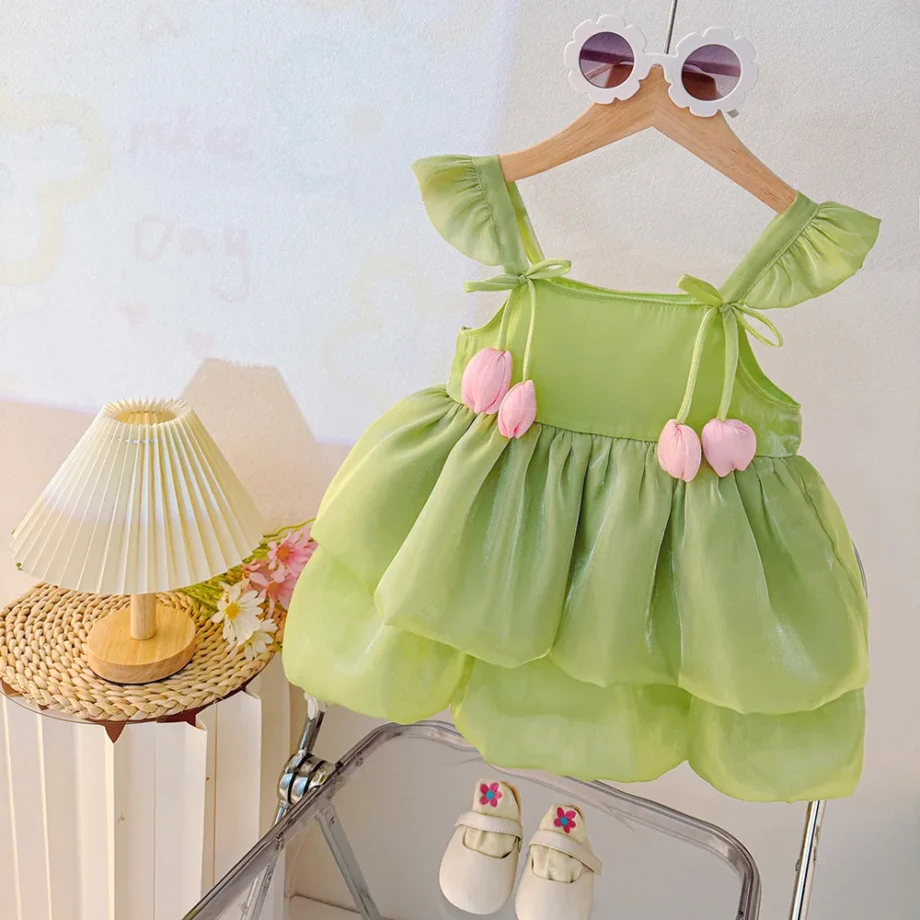 Summer Baby Girl Clothing Sweet Flower Pink Cake Dress Birthday Party Dress for Girls 0-2 Years