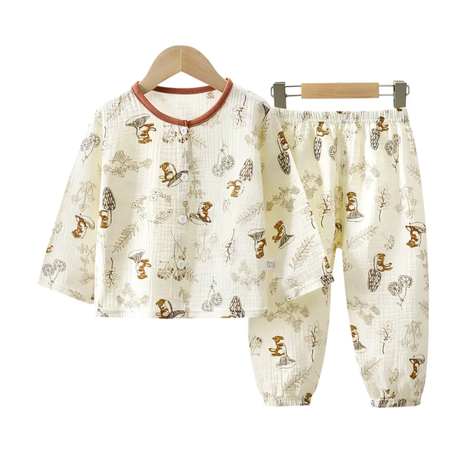 Girls Summer Cotton Gauze Thin Pajamas Home Wear Cartoon Floral Print Long Sleeve Lace Trimmed Sleepwear Baby Clothing Set