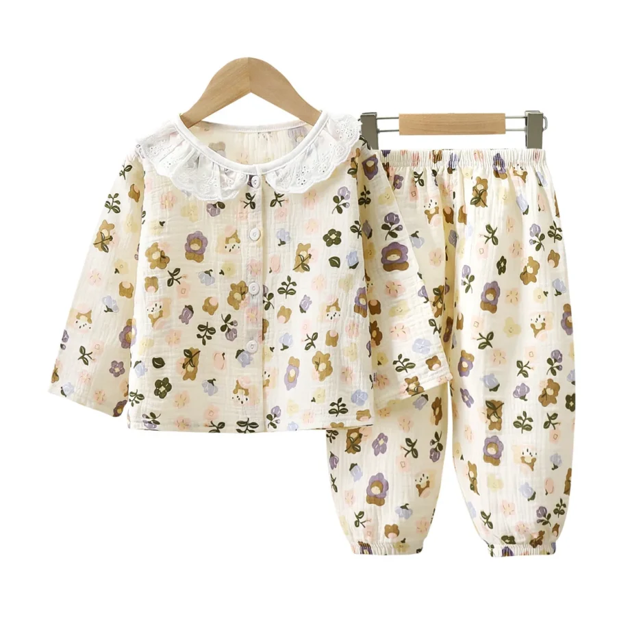 Girls Summer Cotton Gauze Thin Pajamas Home Wear Cartoon Floral Print Long Sleeve Lace Trimmed Sleepwear Baby Clothing Set