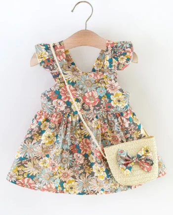 2 Pcs Summer New Baby Girl Dress Fashionable Floral Fly Sleeve Cotton Dress with Crossbody Bag Suitable for Babies Aged 0-3