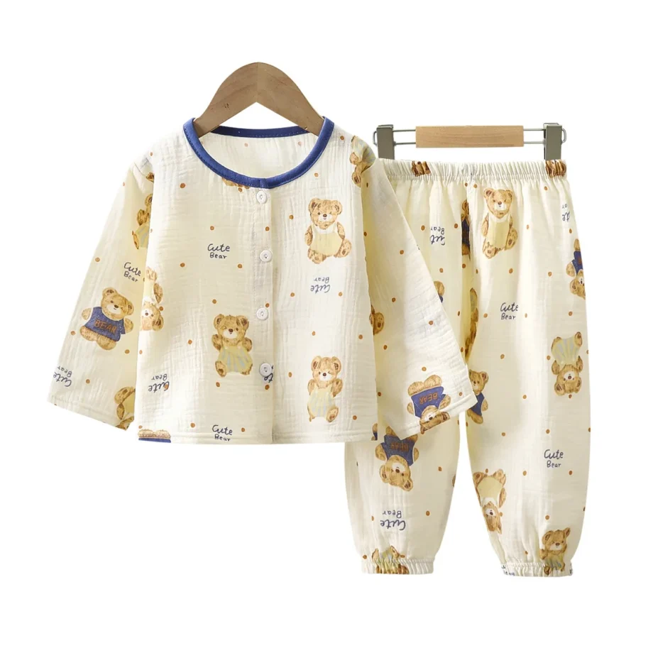 Girls Summer Cotton Gauze Thin Pajamas Home Wear Cartoon Floral Print Long Sleeve Lace Trimmed Sleepwear Baby Clothing Set