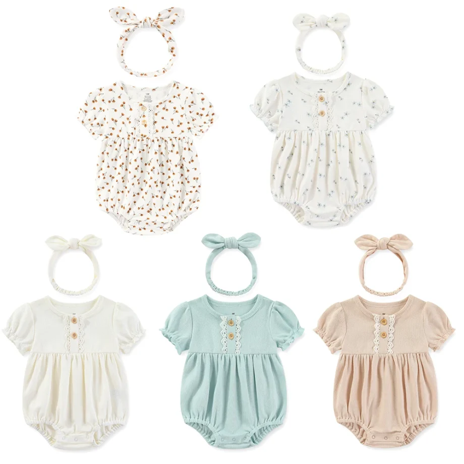 Fashion Cute Short/Long Baby Girls Bodysuit +Hats（Headband） 3-24Months Sweet Cute Newborn Girl clothing sets