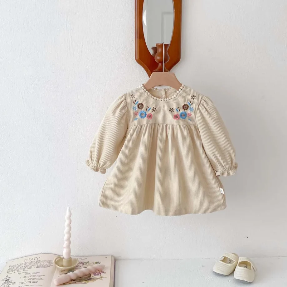 Spring Autumn Baby Princess Dress Corduroy Infant Girl Long Sleeved Embroidered Dress Baby Clothes 0-3y