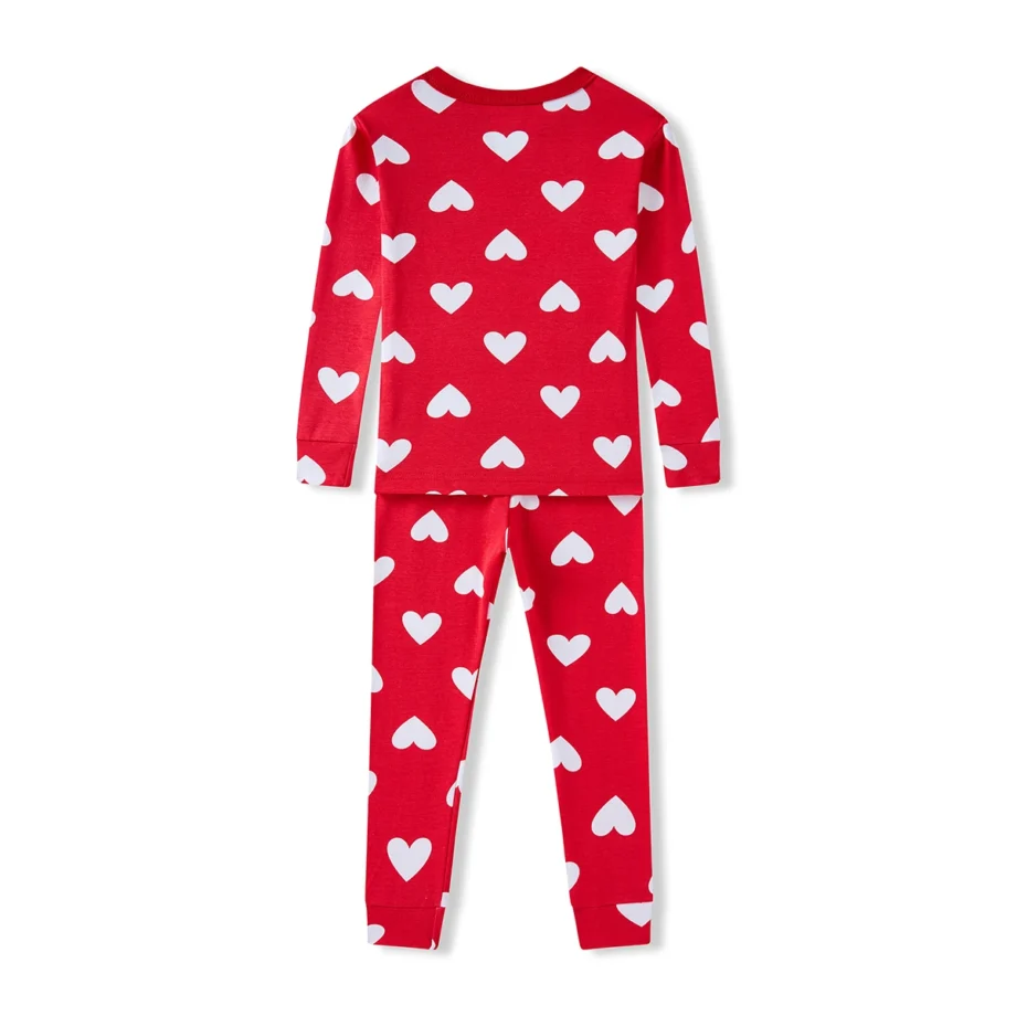 2-8 Years Girls' Nightwear - Red Cotton Pajama Set with Heart Design Cozy Stretchy Loungewear Long Sleeve PJS Kids Home Clothes