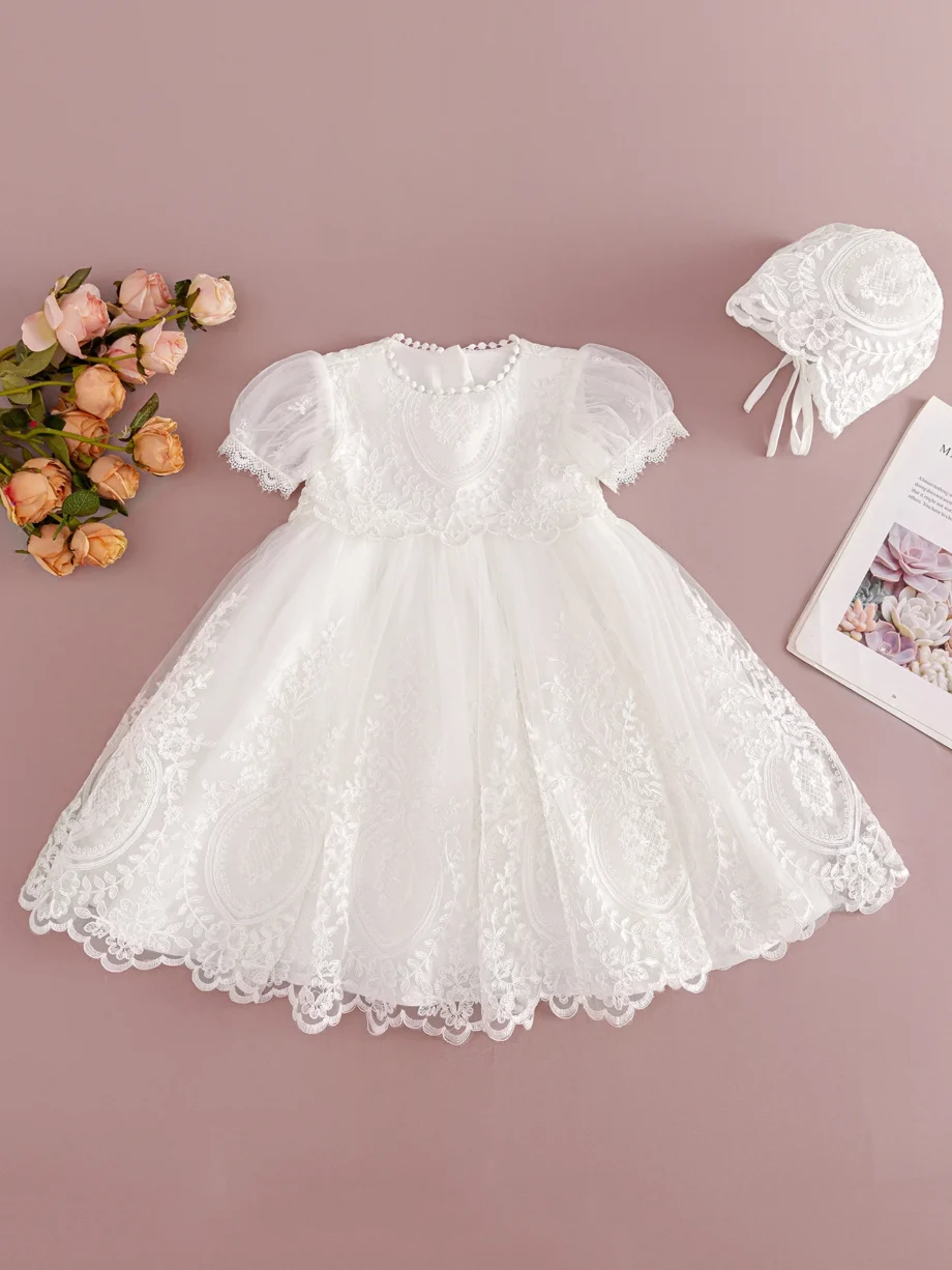 High Quality Short Sleeve Princess Evening Gowns Baby Girl Dress Birthday Wedding Party Dress with Hat